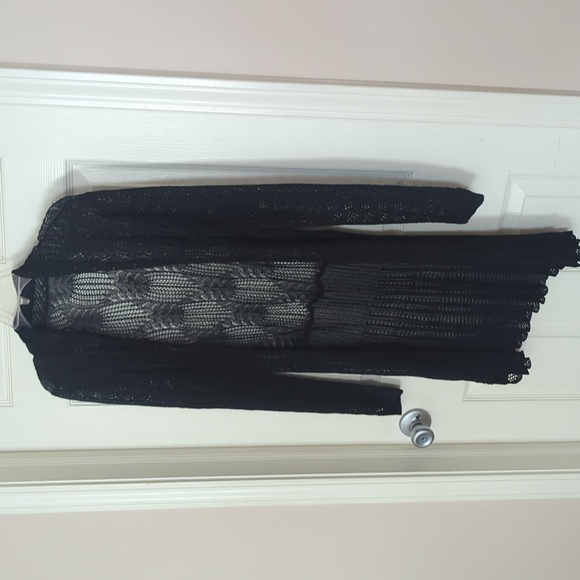 NEW LARGE LONG CROCHET KNIT DUSTER SWEATER BLACK - Picture 3 of 10